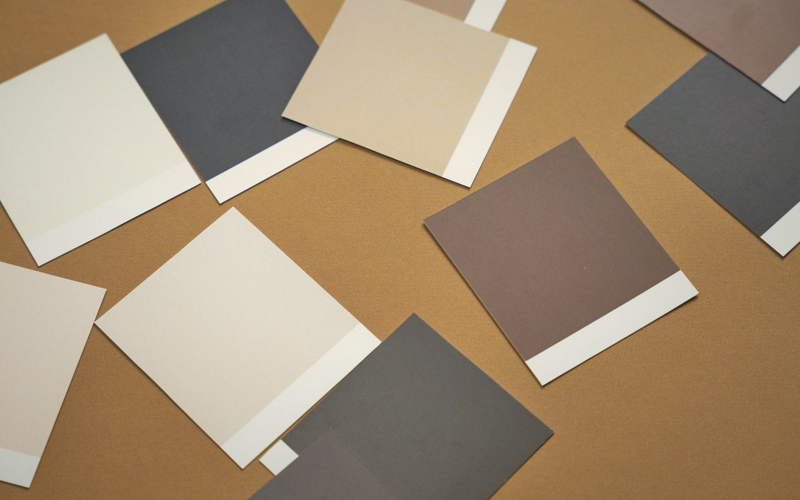 Blank instant-film prints scattered on a tan surface, showing beige, gray, and brown tones