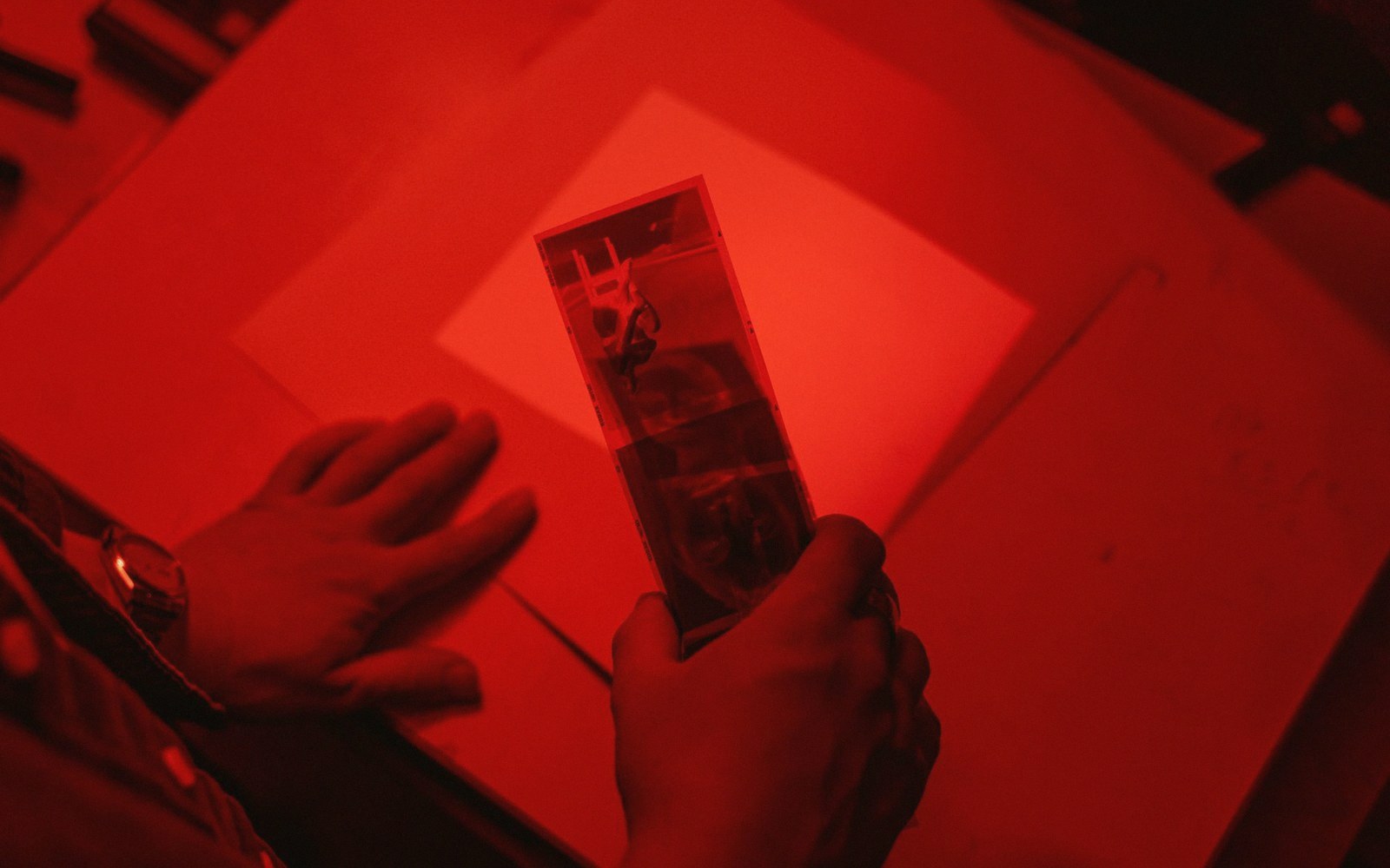 A printer comparing a test strip under a lamp